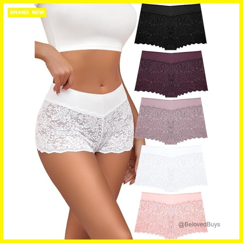 Lace Boyshort Panties 5 Pack Plus Size Stretch Cotton Comfort Cheeky